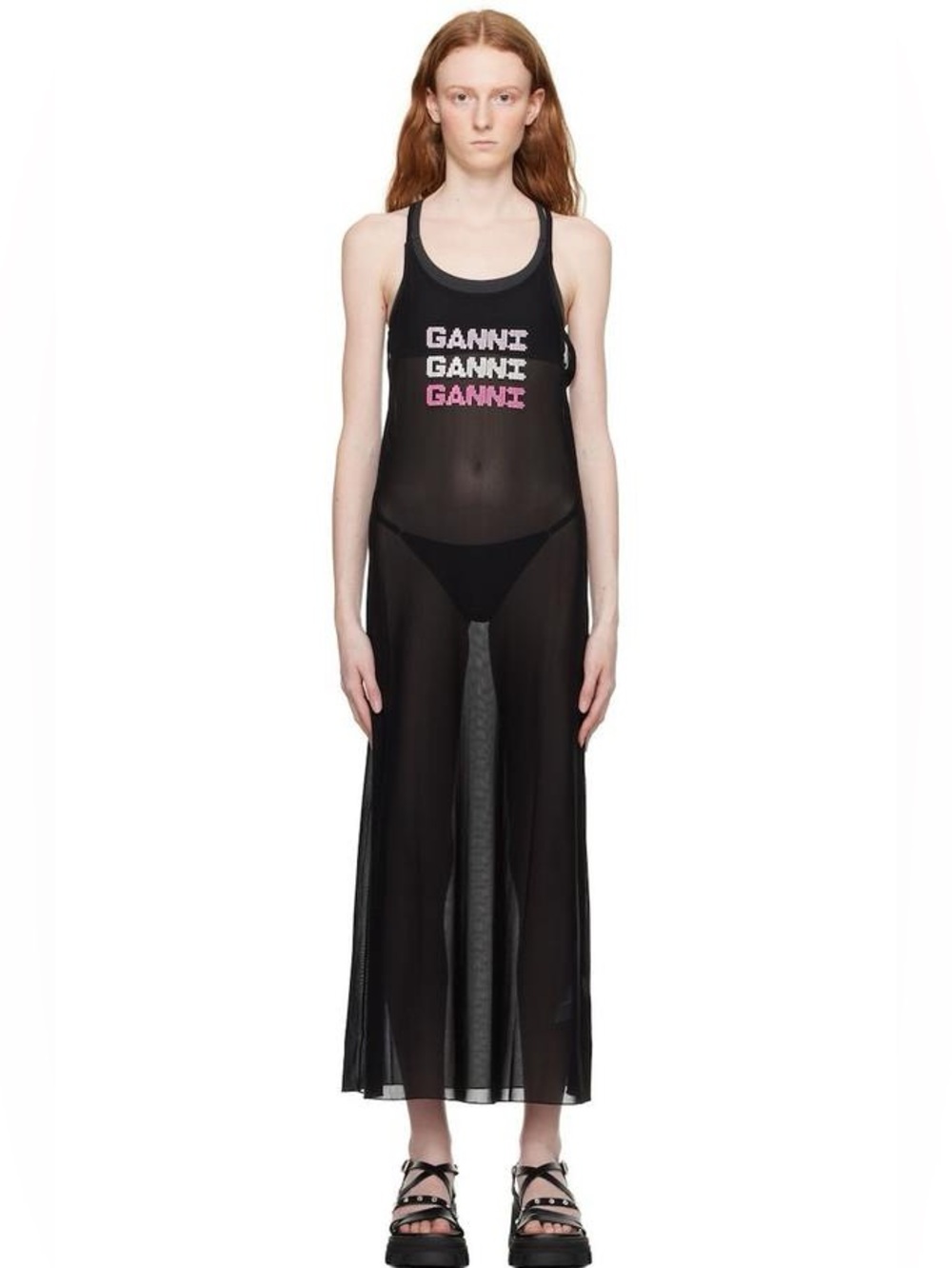 GANNI Pink Logo Black Semi Sheer Maxi Dress